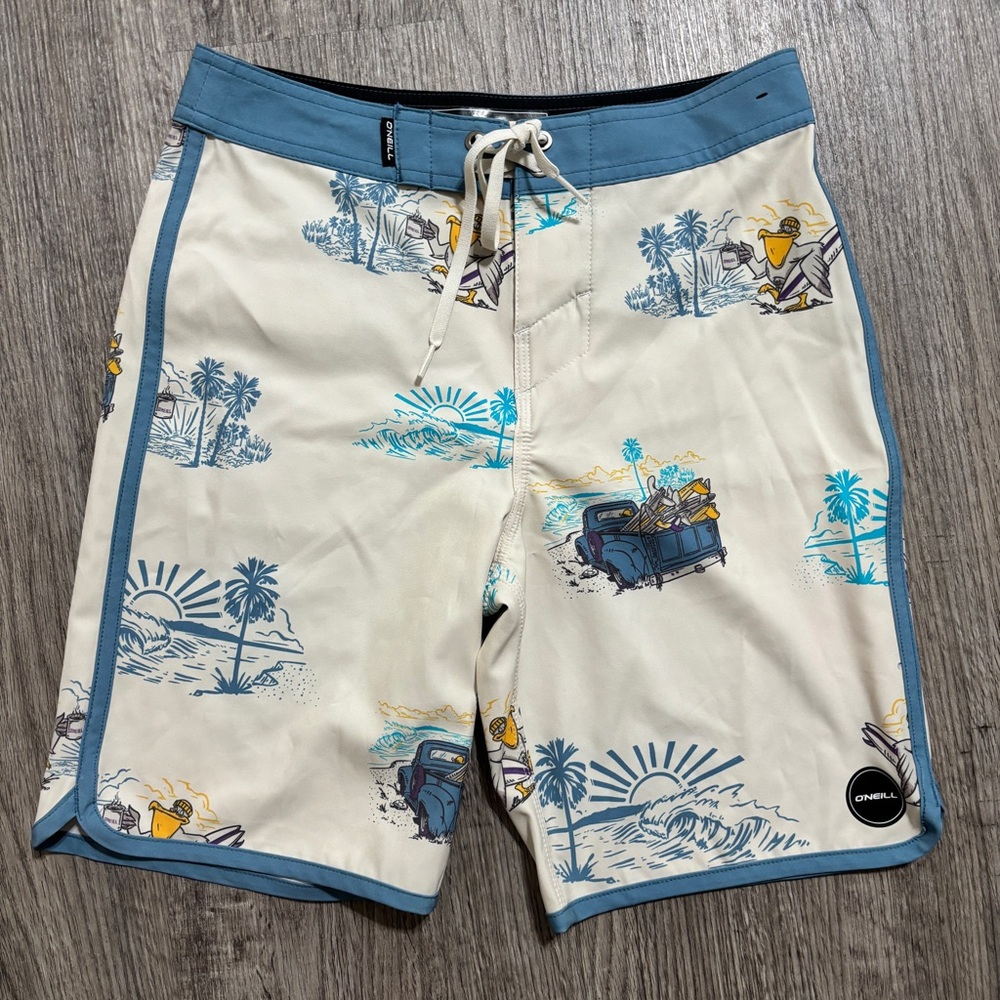 O’Neill Boardshorts Boys Size 25 NWOT Surf Swim Blue Graphic Stretch